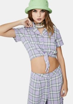 Daisy Street Tops Lilac Checked Tie Front Crop Top
