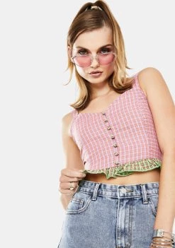 Daisy Street Checkered Button Front Crop Top