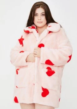 Daisy Street Plus Heart Print Faux Fur Coat