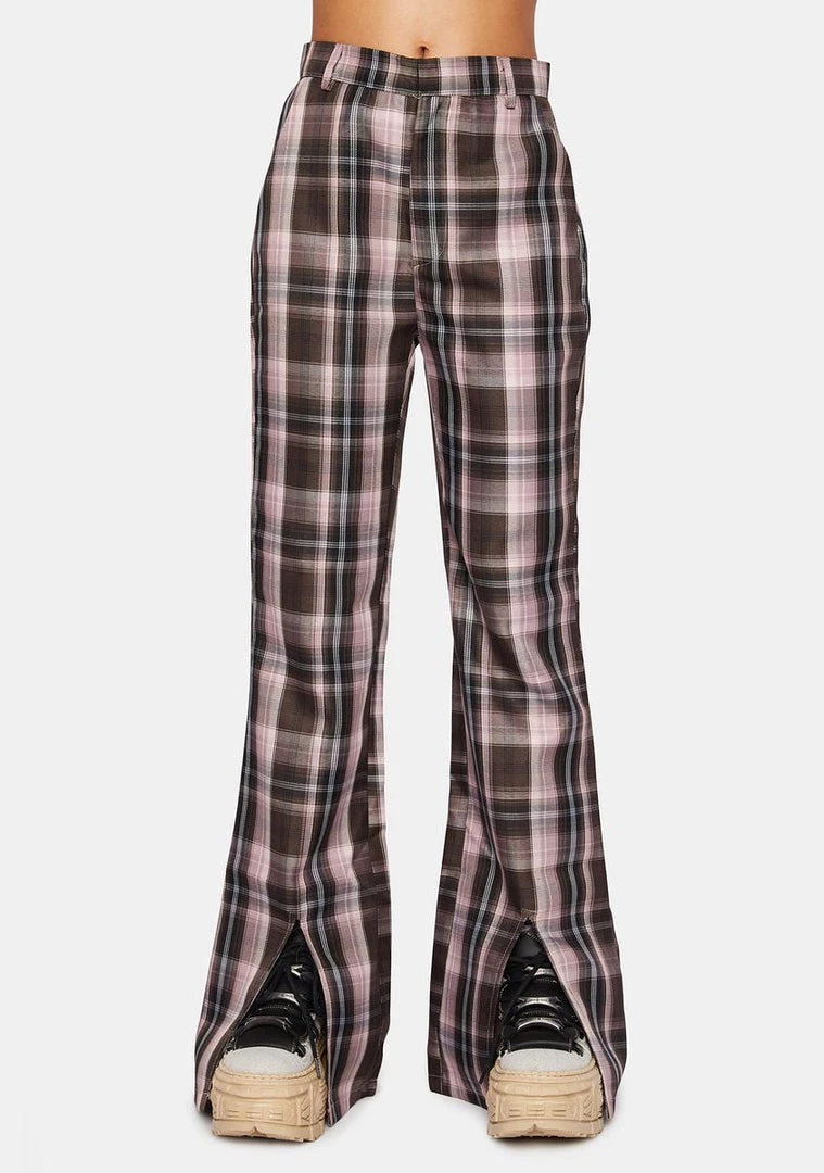 Daisy Street Bottoms Brown Split Plaid Trousers