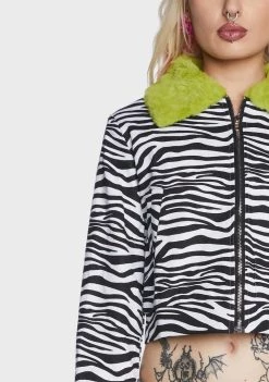 Daisy Street Zebra Print Fur Trim Jacket Faux Fur Jacket