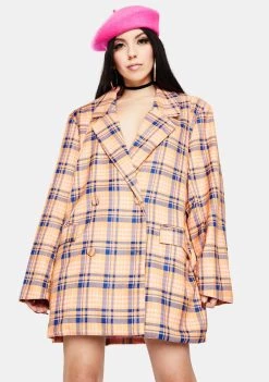 Daisy Street Blue Orange Check Blazer Outerwear