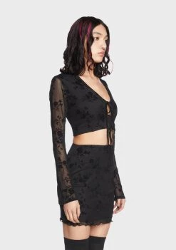 Daisy Street Flocked Mesh Tie Top Tops