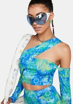 Daisy Street Tops Blue Printed One Shoulder Crop Top