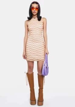 Daisy Street Sundress Brown Wave Print Mesh Backless Dress