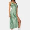 Daisy Street Green Wave Satin Slip Dress Midi Dresses