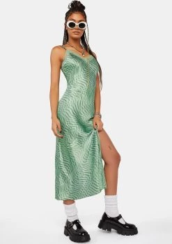 Daisy Street Green Wave Satin Slip Dress Midi Dresses