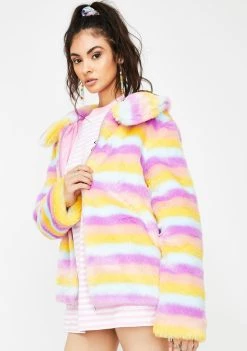 Daisy Street Stripe Faux Fur Front Zip Jacket