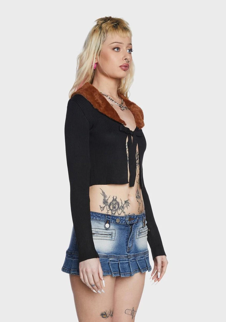 Daisy Street Fur Collar Tie Front Cardigan