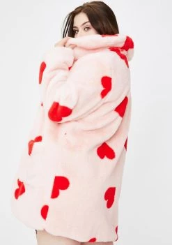 Daisy Street Plus Heart Print Faux Fur Coat