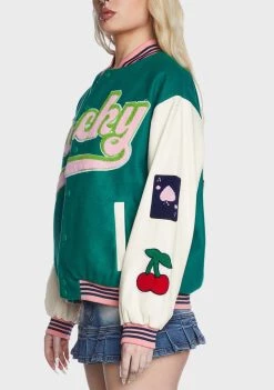 Daisy Street Embroidered Patch Green Varsity Jacket