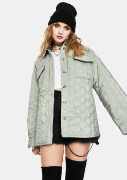 Daisy Street Outerwear Green Grey Quilted Shirt Jacket