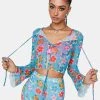 Daisy Street Blue Floral Mesh Long Sleeve Top Mesh Shirt