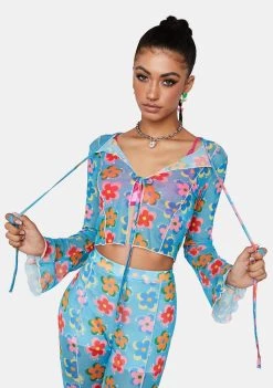 Daisy Street Blue Floral Mesh Long Sleeve Top Mesh Shirt